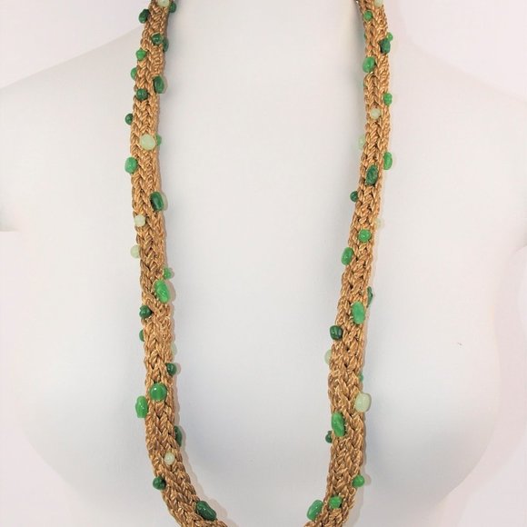 UNIQUE Vintage Gold Braided Cording Necklace with Green Peking Glass Beads - Picture 2 of 4